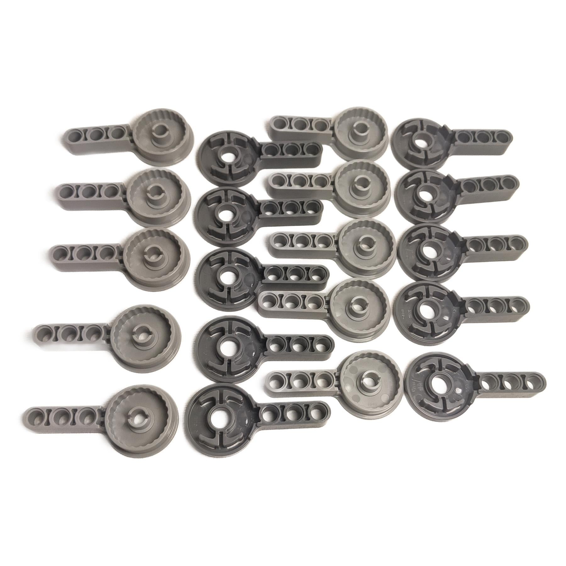 Multiple LEGO® Technic rotation joint disk pieces with pin and 3L liftarm thick connectors used for rotating Technic mechanisms