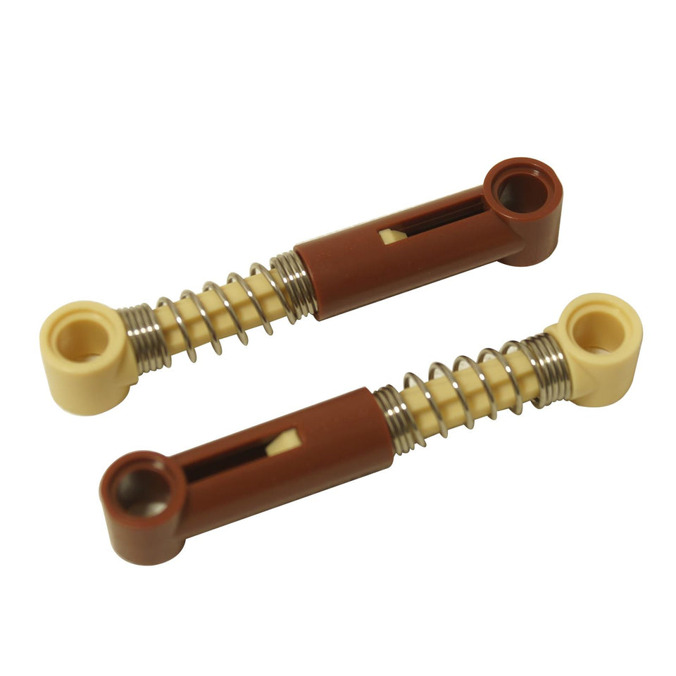 Pair of LEGO® Technic 6.5L hard spring shock absorbers in reddish brown with tan piston rods, shown extended.