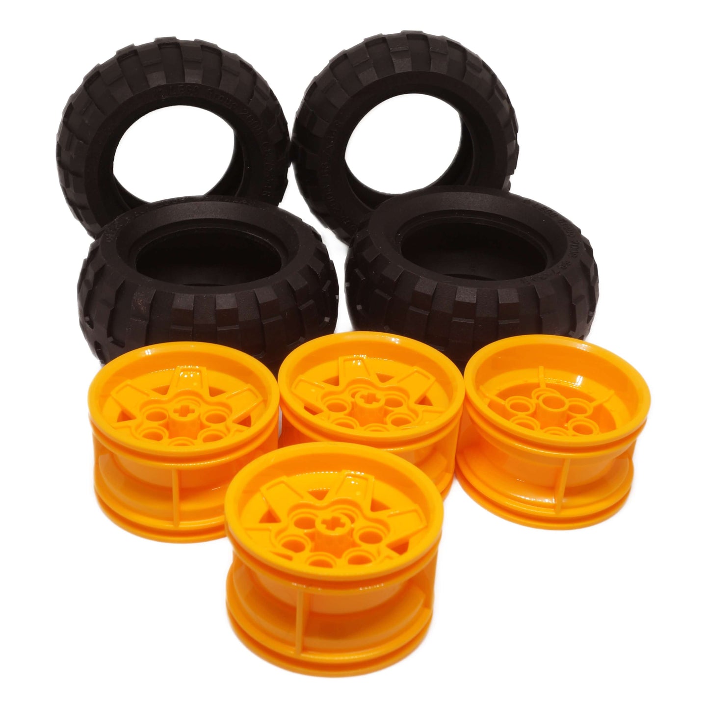 4 LEGO® Technic bright light orange five-spoke wheels 56908 with black off-road tires 61480, deep block tread pattern