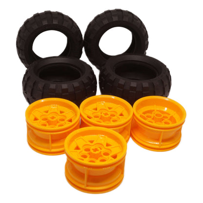4 LEGO® Technic bright light orange five-spoke wheels 56908 with black off-road tires 61480, deep block tread pattern