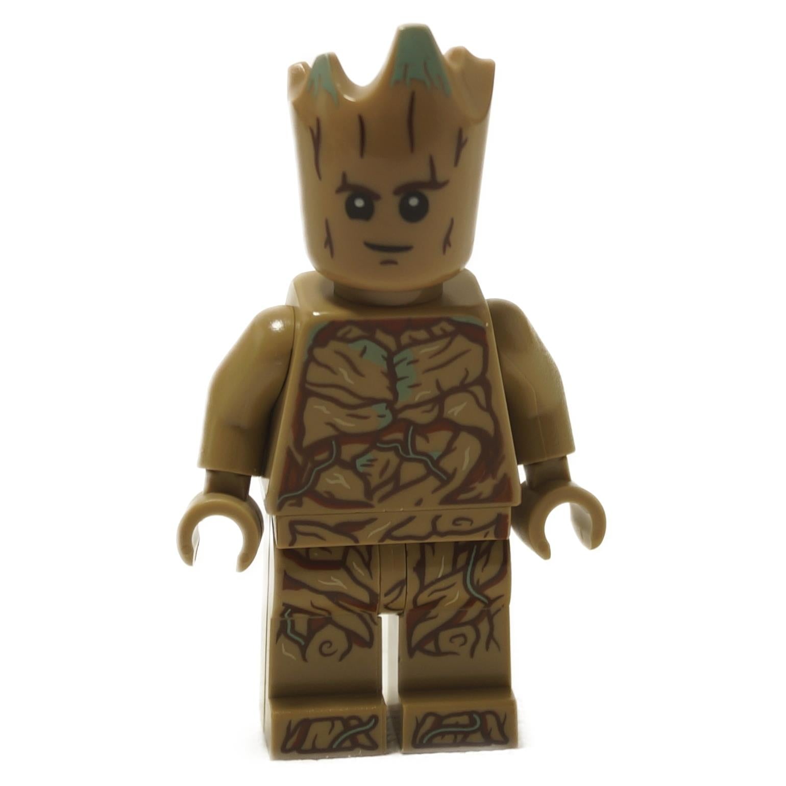 A LEGO minifigure of Teen Groot from the Guardians of the Galaxy, characterized by a brown color with wood grain patterns and a unique molded head.