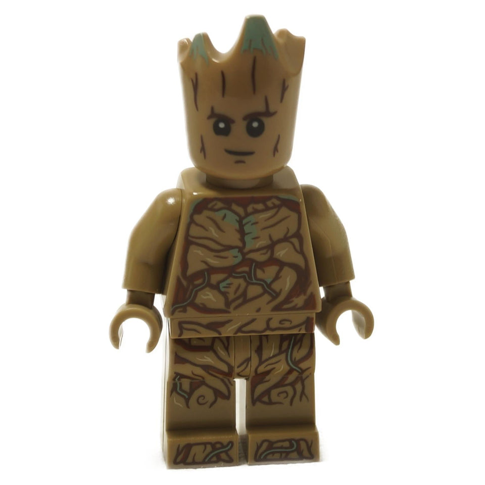 A LEGO minifigure of Teen Groot from the Guardians of the Galaxy, characterized by a brown color with wood grain patterns and a unique molded head.