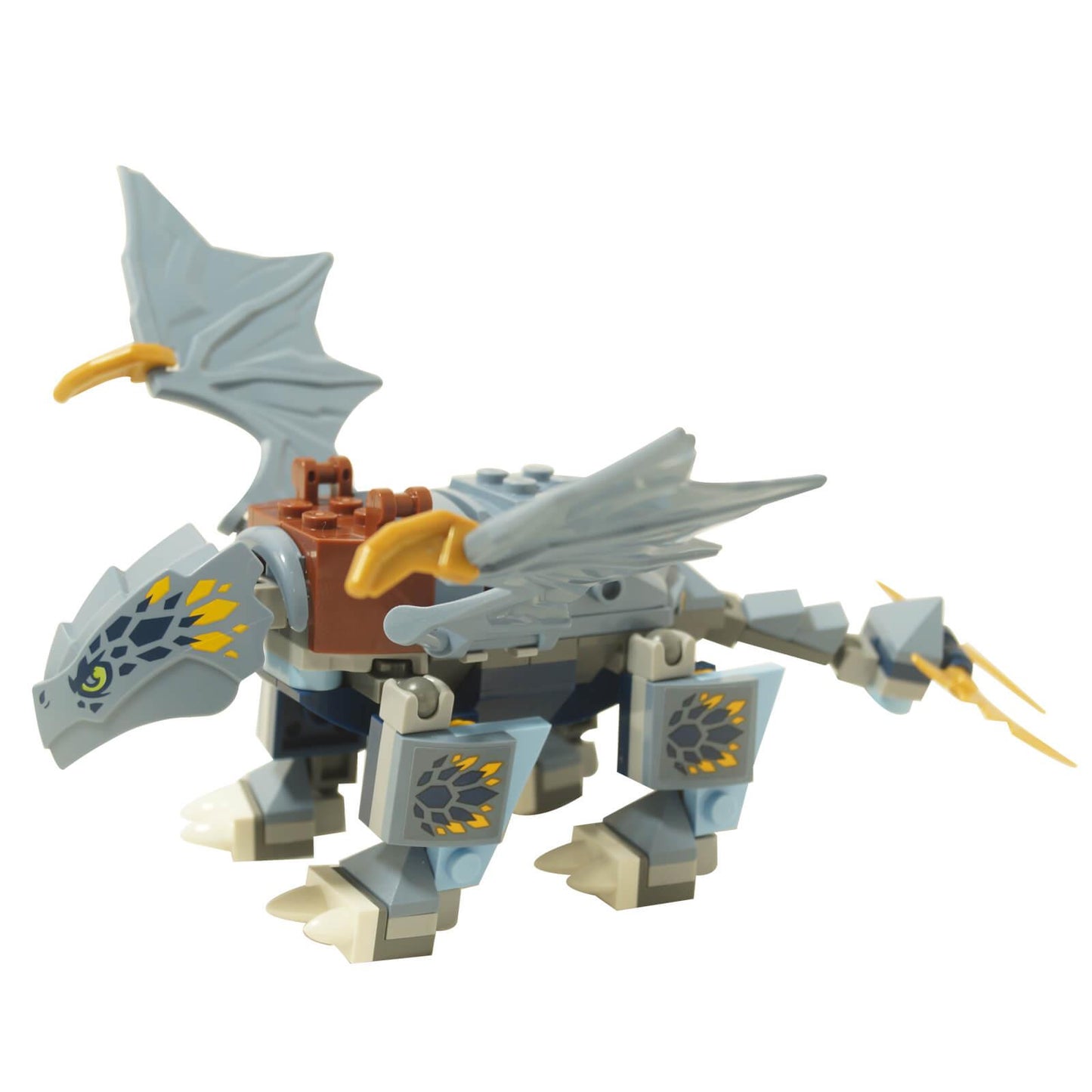 LEGO® Teenage Dragon Riyu with open wings, lime green eyes, and dark blue scales