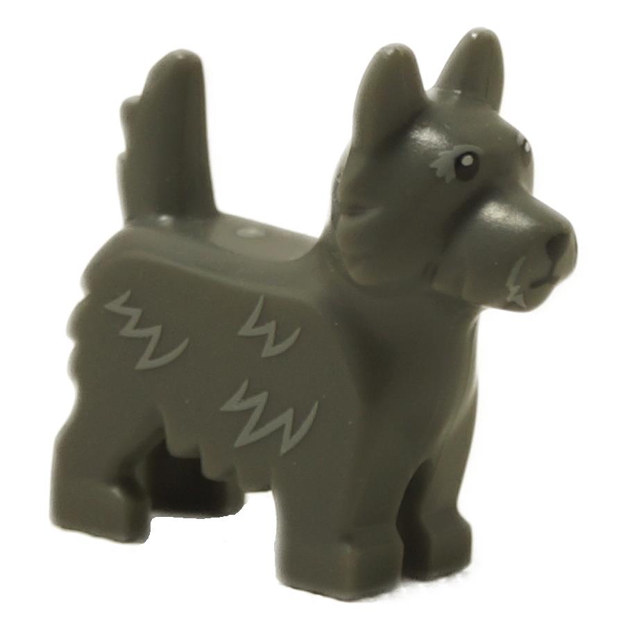 Terrier dog figure in dark gray with fur line detailing and black eyes, shown from front angle
