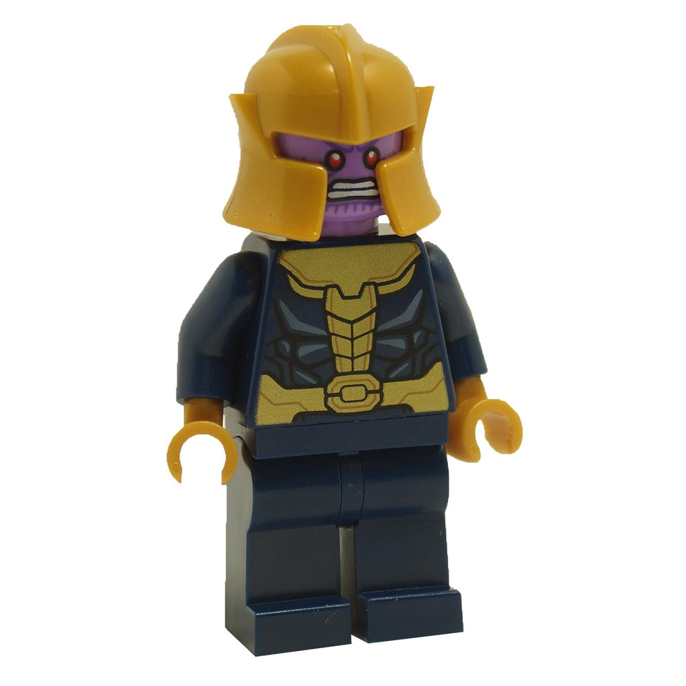 LEGO Thanos minifigure with gold helmet and angry grimacing expression sh0696