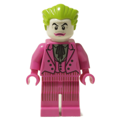 Front view of the LEGO The Joker Dark Pink Suit minifigure (sh0704). The figure has bright lime green hair, a white face printed with dark eyebrows, a small mustache, and red lips, and wears a vibrant dark pink pinstripe suit with a printed black bowtie and vest.