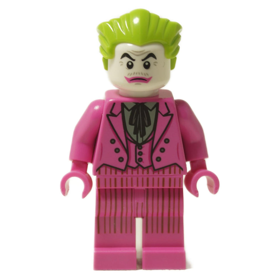 Front view of the LEGO The Joker Dark Pink Suit minifigure (sh0704). The figure has bright lime green hair, a white face printed with dark eyebrows, a small mustache, and red lips, and wears a vibrant dark pink pinstripe suit with a printed black bowtie and vest.