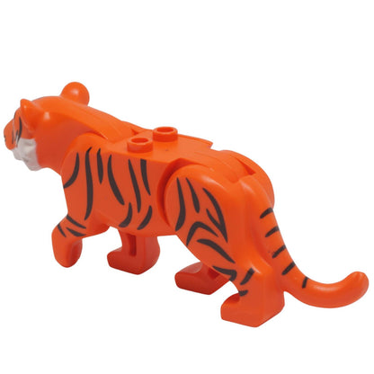 rear view of LEGO reddish orange tiger figure with black stripes, white muzzle, and back studs (Part bb0787c05pb01).