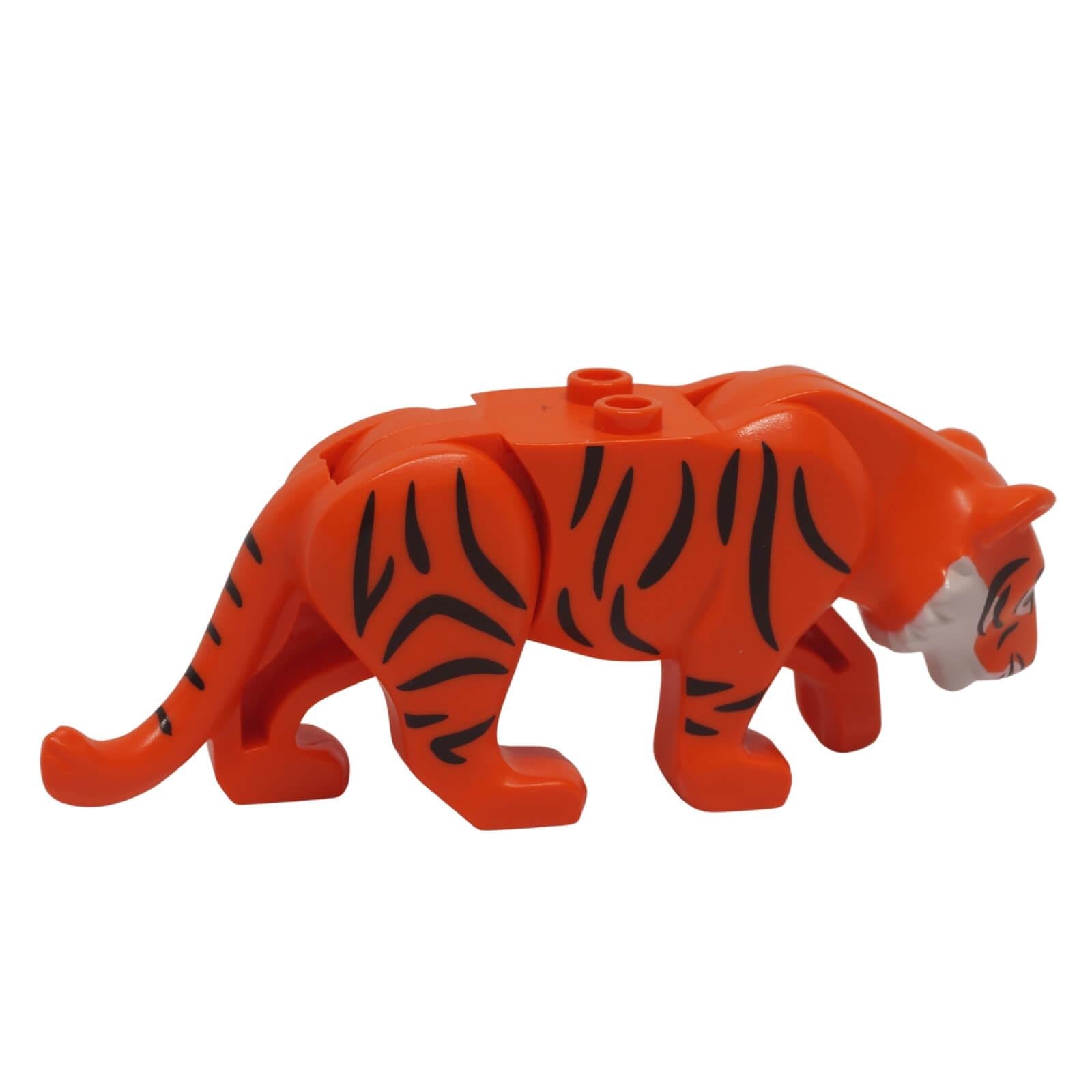 side view of LEGO reddish orange tiger figure with black stripes, white muzzle, and back studs (Part bb0787c05pb01).