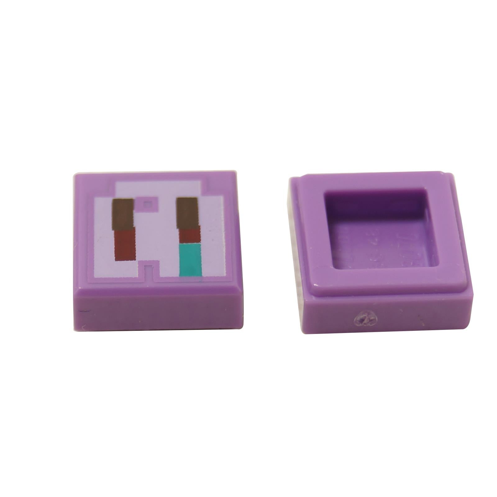 Medium lavender LEGO® tile 1x1 with pixelated dark brown, dark red and dark turquoise rectangles on lavender background Minecraft Devourer nose pattern close-up view
