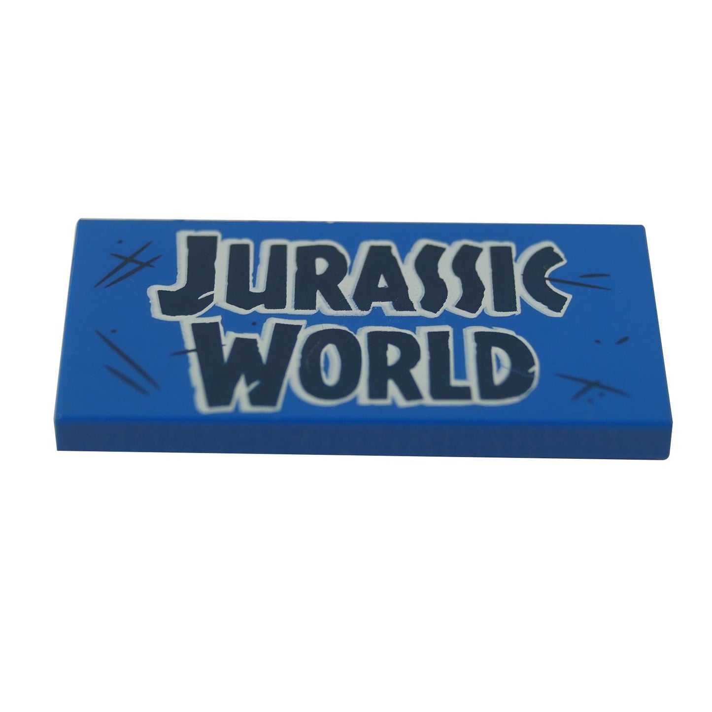 LEGO® Azul Ladrillo 2x4 con el logo de "Jurassic World" impreso en azul oscuro y blanco.