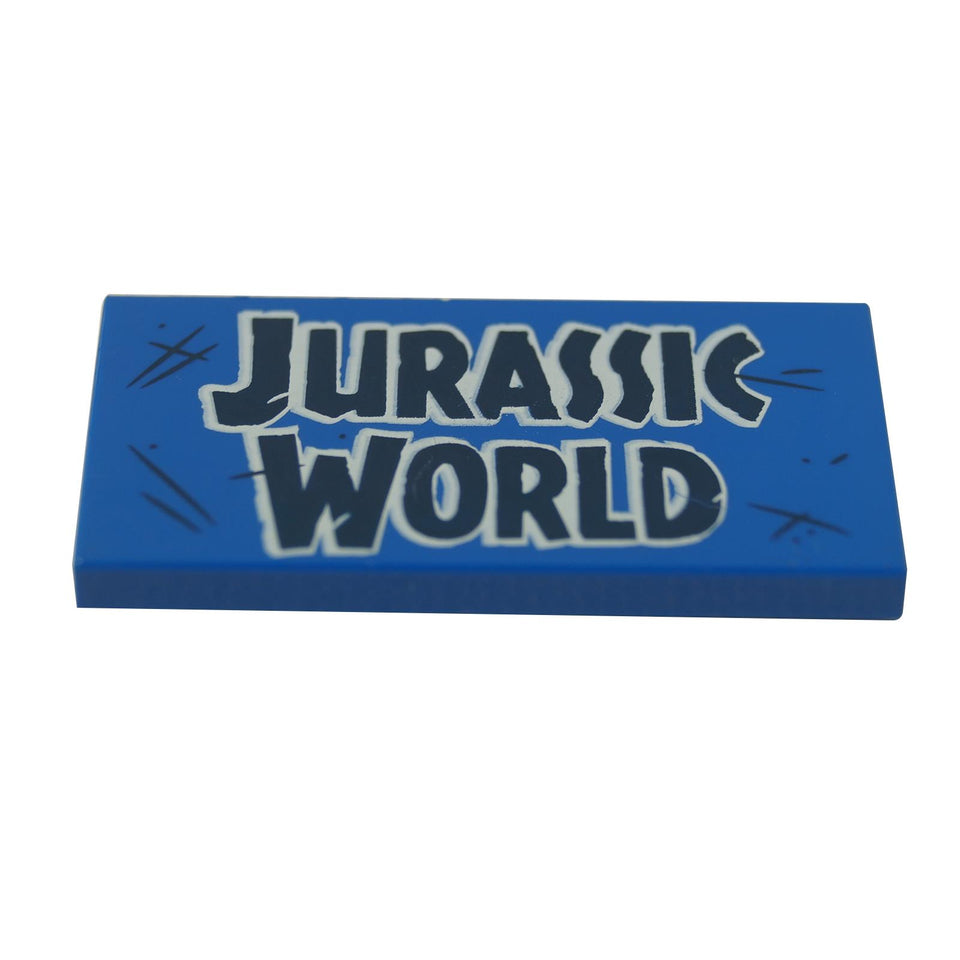 LEGO® Blue 2x4 Tile with the "Jurassic World" logo printed in dark blue and white.