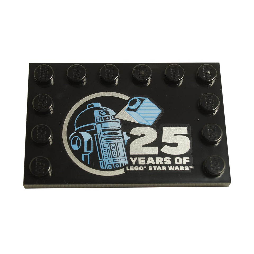 Jubin LEGO 4x6 hitam, 25 tahun Star Wars, corak R2-D2, pandangan hadapan
