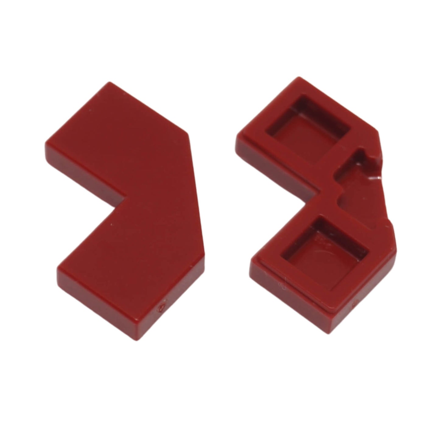 Dark red LEGO® modified facet tile 2x2 part 27263 angled faceted surface detail close-up view