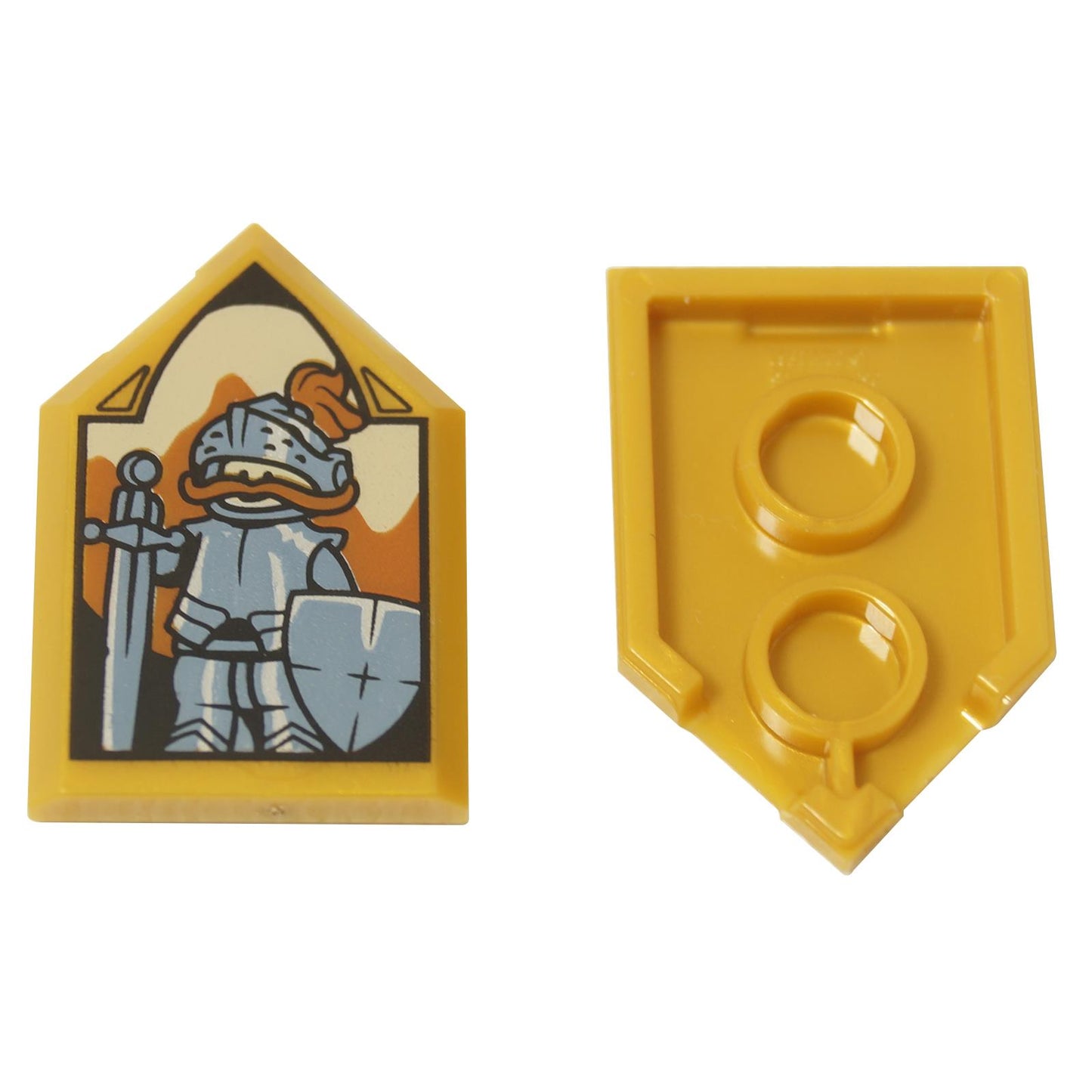 LEGO® Gold Pentagonal Tile with a printed portrait of the knight Sir Cadogan holding a sword and shield. Front and back view.