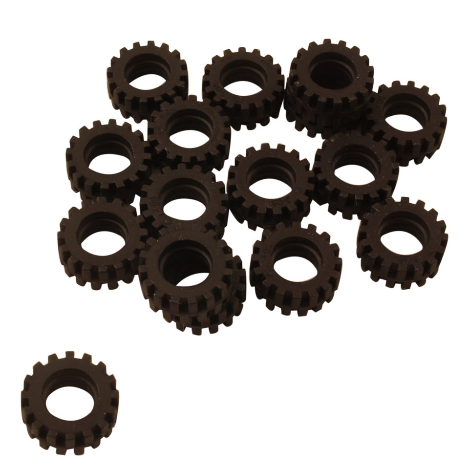 Small black rubber tire with 15mm diameter and 6mm offset tread, featuring a centered narrow band design
