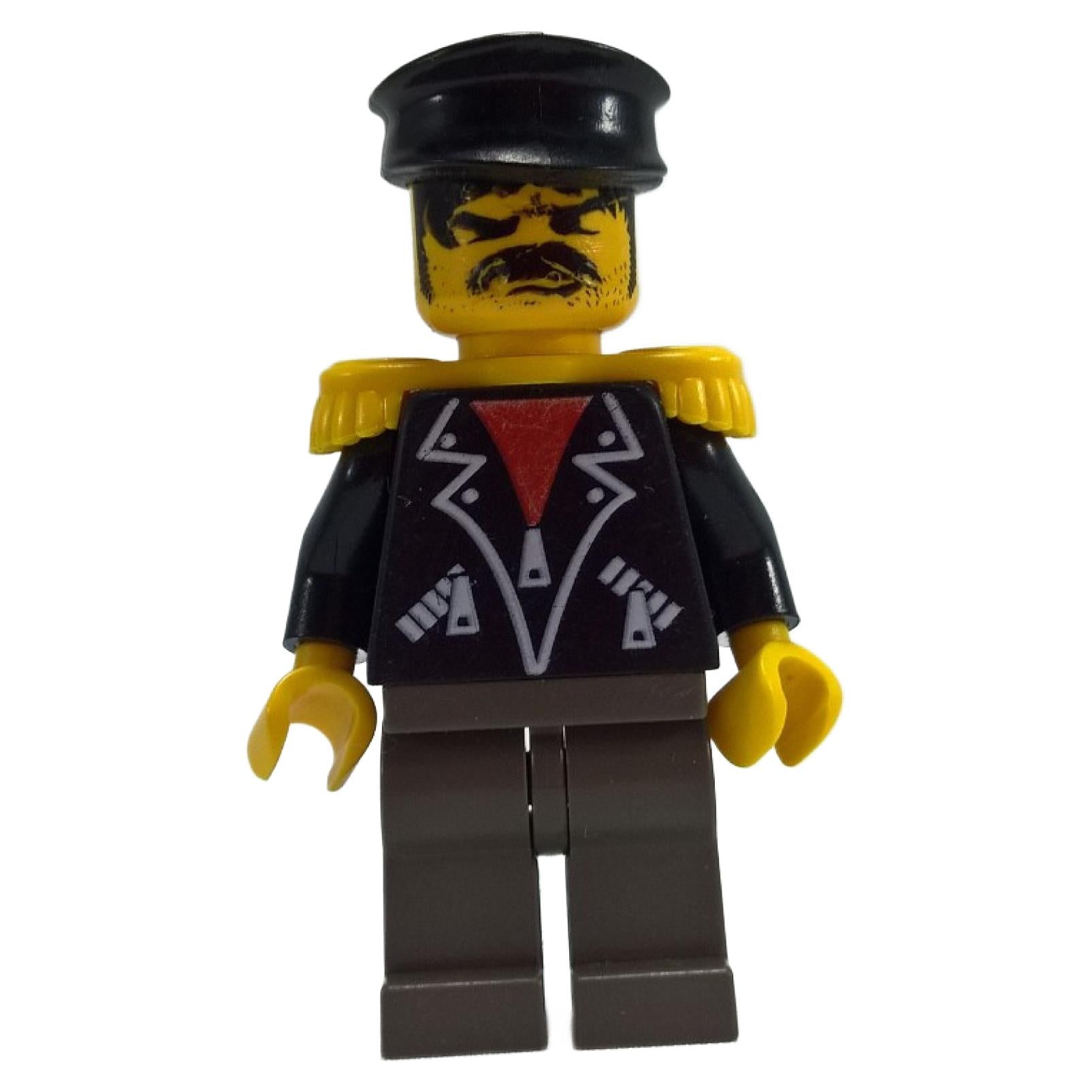 LEGO® Time Twisters minifigure Tony Twister / Baron Blomberg (tim001), wearing black jacket with red vest, epaulettes, cap, and stern facial expression
