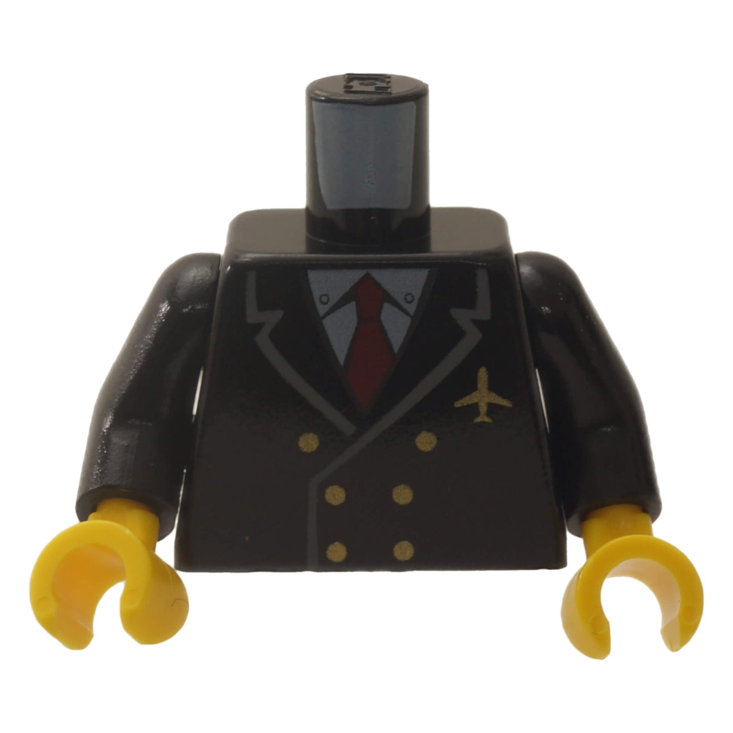 LEGO pilot torso, black double-breasted suit, red tie, gold pin, front view
