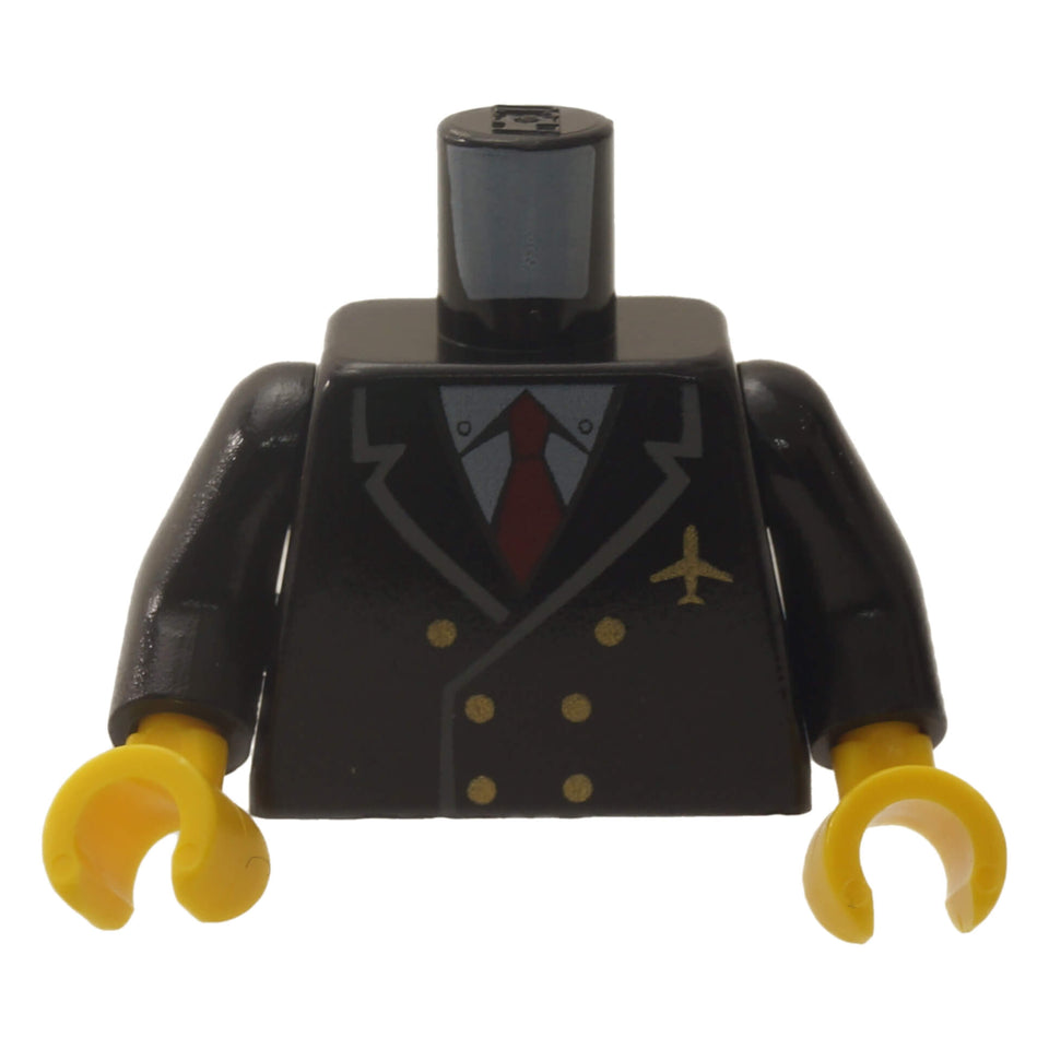 LEGO pilot torso, black double-breasted suit, red tie, gold pin, front view