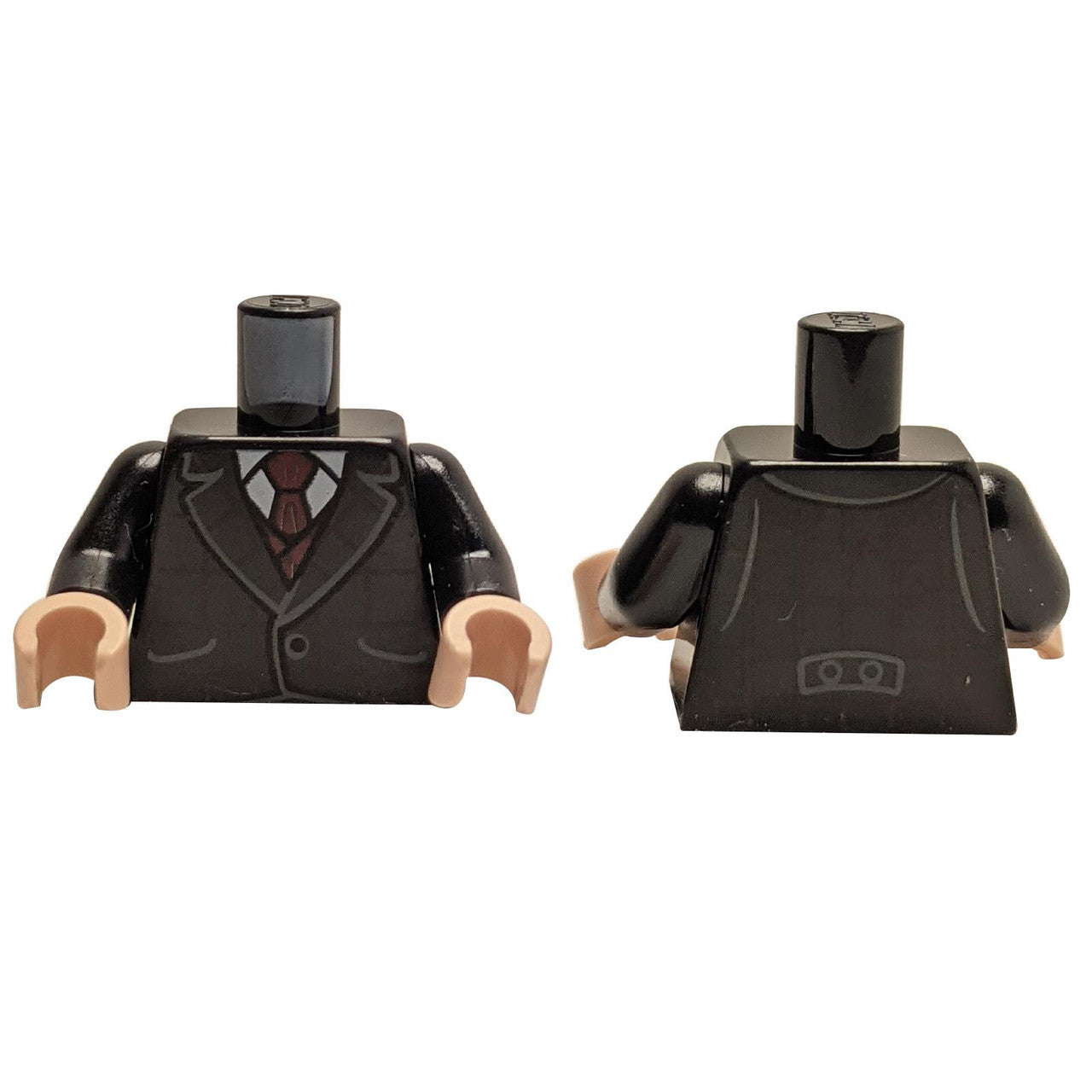 LEGO® minifigure torso black suit checkered lines dark red tie front and back view