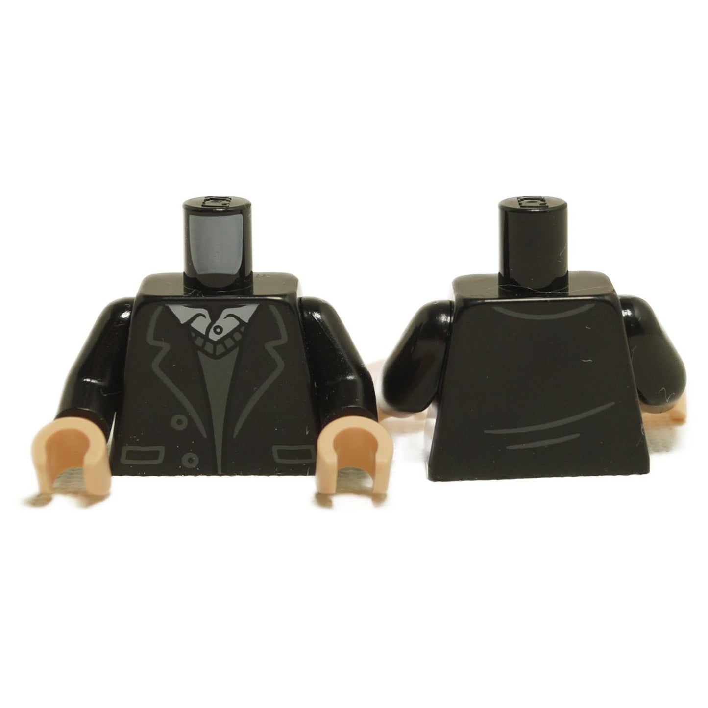 A LEGO minifigure torso with a black suit, gray sweater, and shirt pattern, accompanied by black arms and light nougat hands.