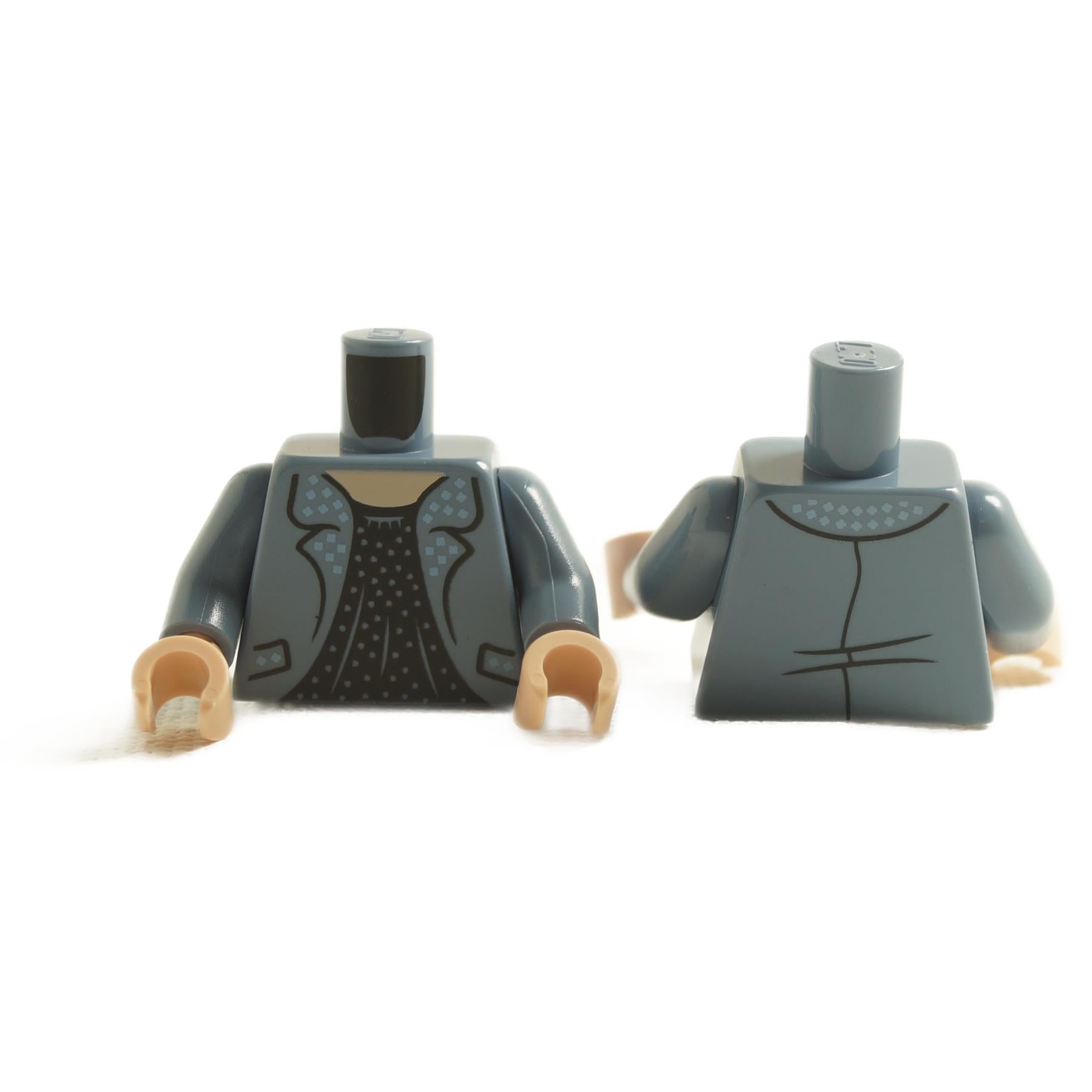 LEGO minifigure torso with a blue jacket and patterned black dress, accompanied by nougat-colored hands.