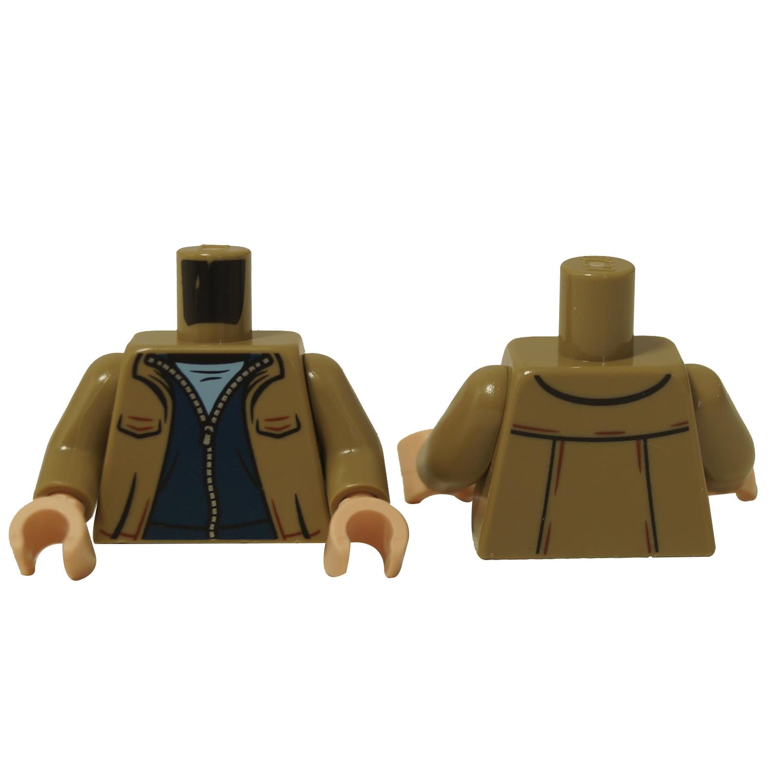Front and back view of a LEGO® Torso with a dark tan open jacket over a dark blue zipped sweater and light blue shirt.
