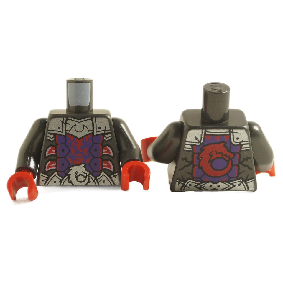 LEGO minifigure torso with dark purple armor, silver detailing, and a red dragon emblem on the back. It includes dark gray arms and red hands.
