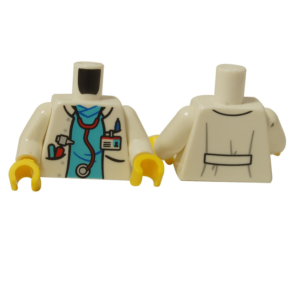 LEGO® Doctor Torso with a white lab coat, blue scrubs, and a stethoscope. Front and back view.