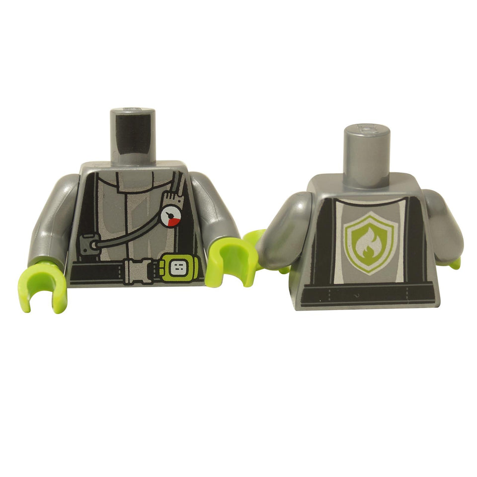 LEGO® Firefighter Torso with Flat Silver Jacket, Black Harness, and Lime Green Hands. Front and back view.
