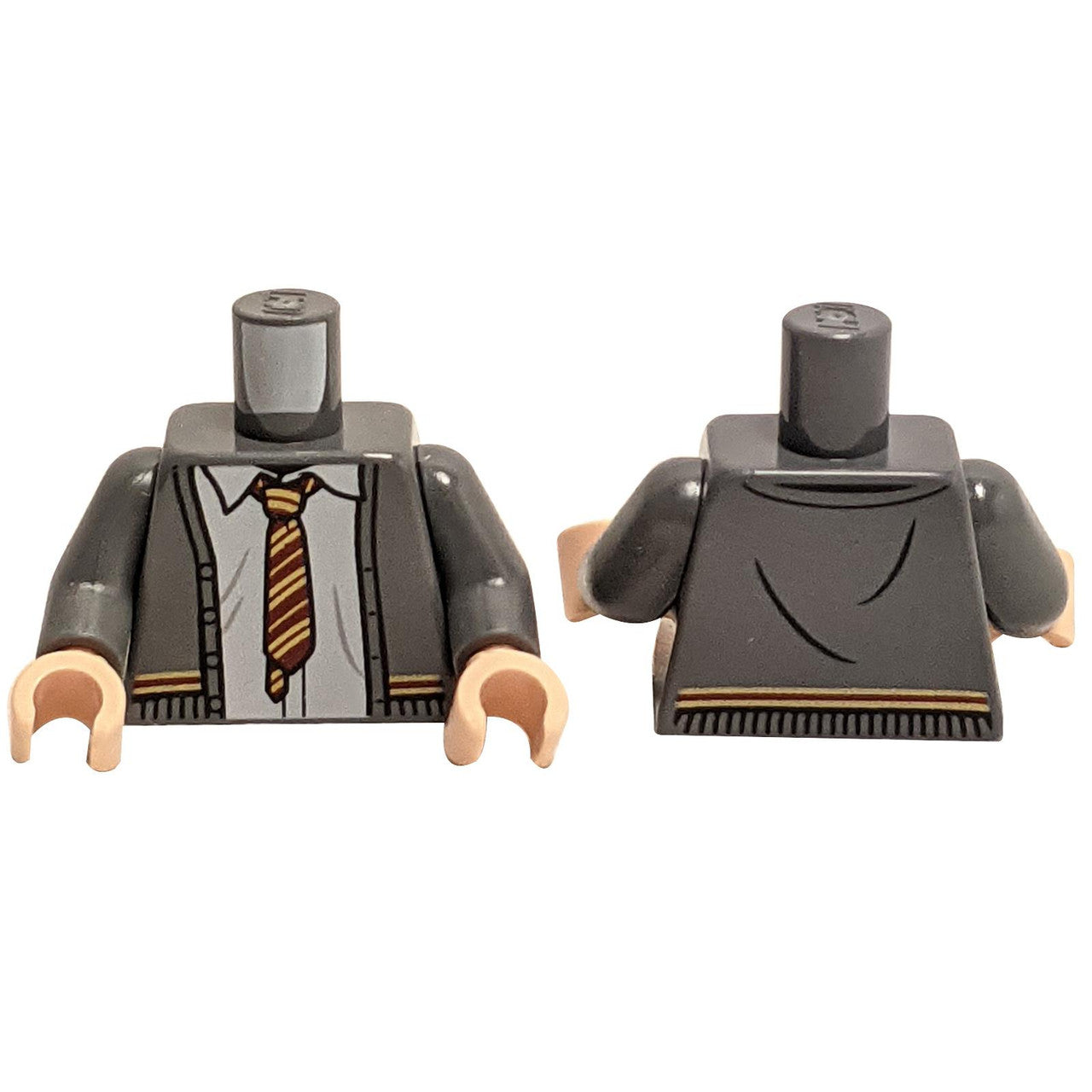 LEGO® minifigure torso gray cardigan sweater red gold striped tie front and back view