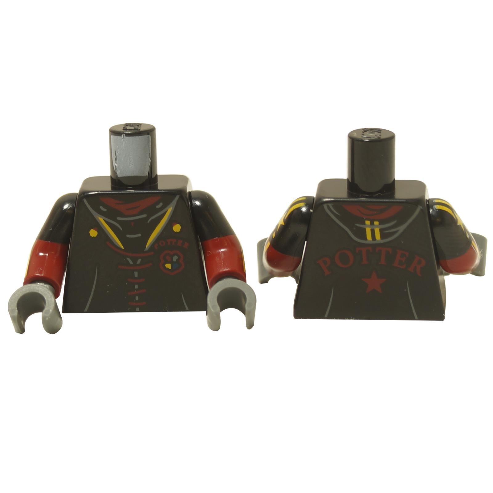 LEGO Harry Potter tournament jacket torso with Hogwarts crest, dark red sleeves, and 'POTTER' text on the back.