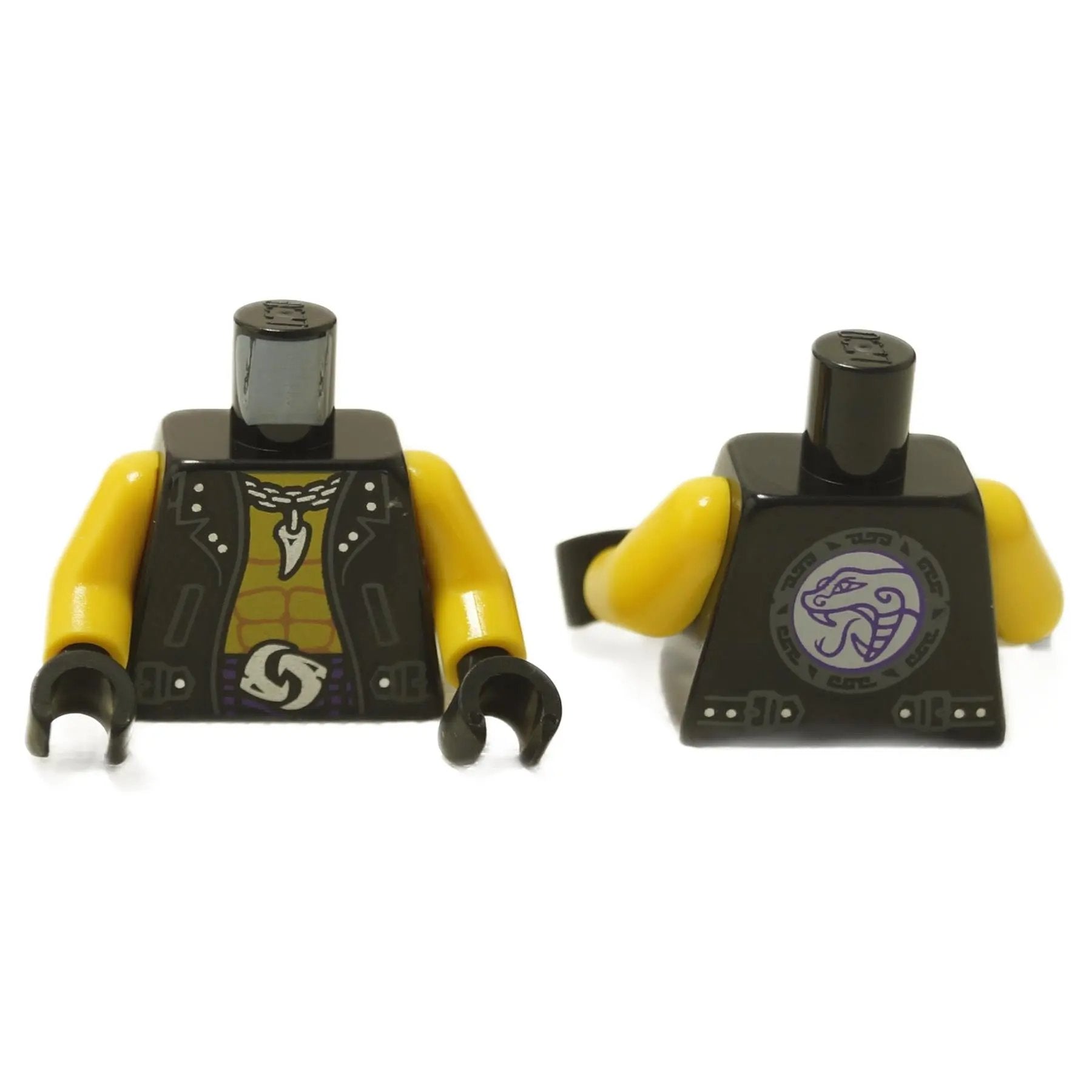 Minifigure torso with black jacket, yellow chest, silver necklace with fang pendant, and yin yang belt buckle print
