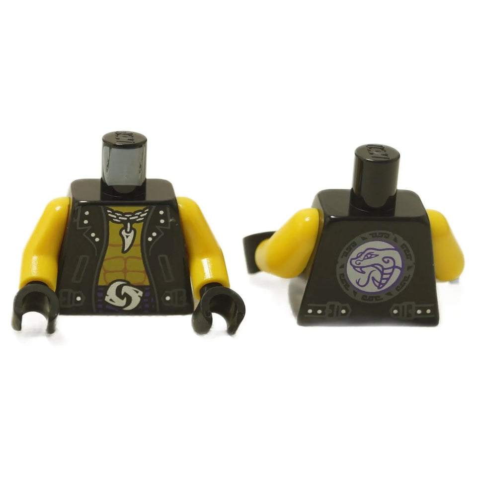 Minifigure torso with black jacket, yellow chest, silver necklace with fang pendant, and yin yang belt buckle print
