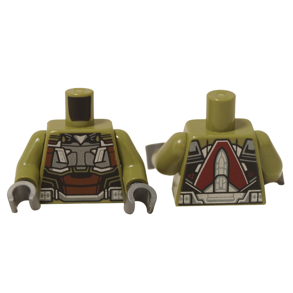 LEGO® Olive Green Torso with intricate Dark Silver and Reddish Brown Armor printing. Front and back view.
