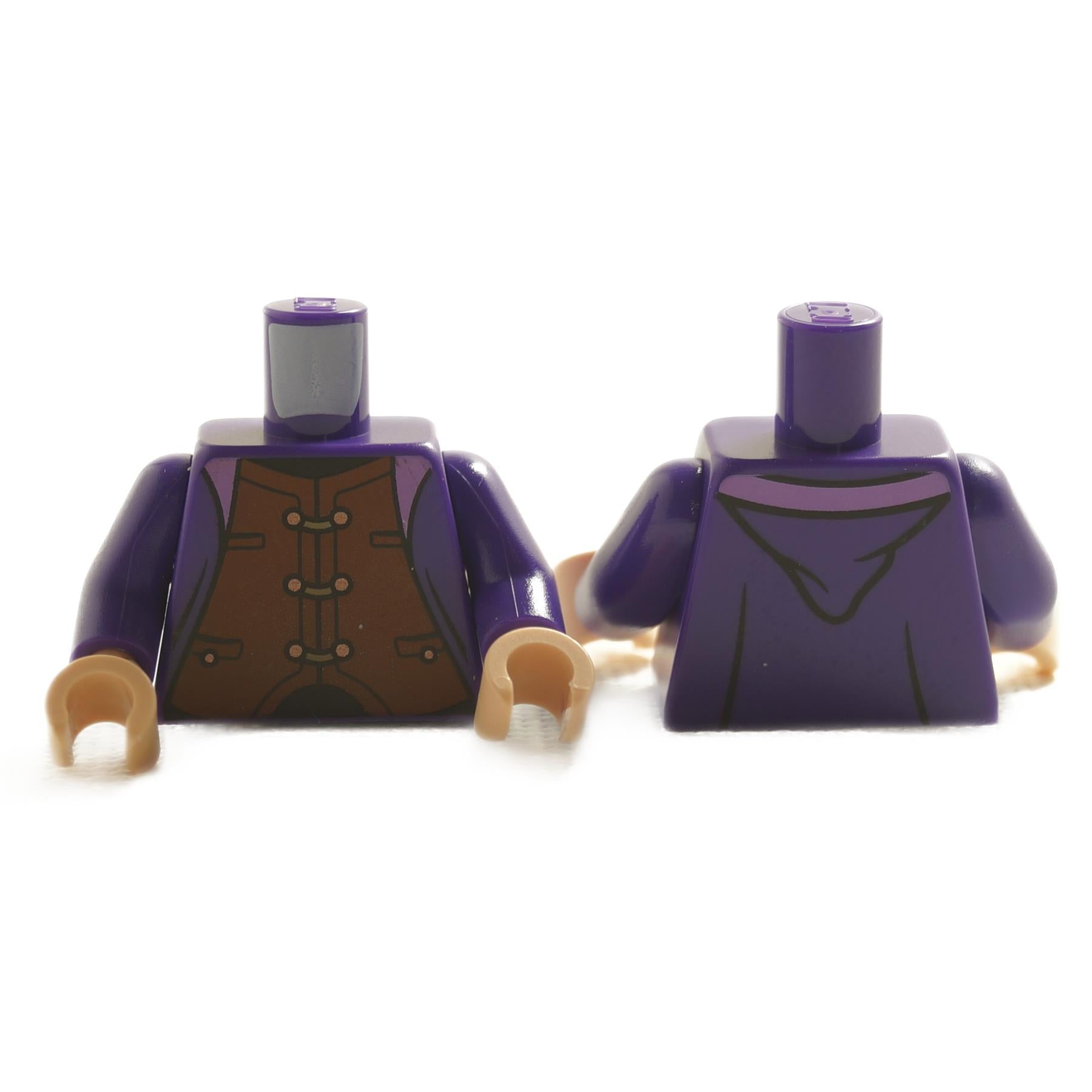 Minifigure torso with purple coat over brown vest featuring button and seam print details