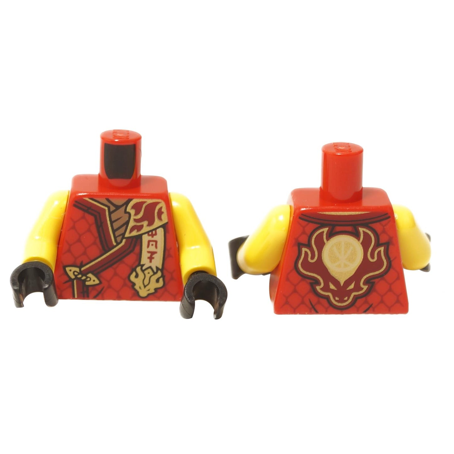 LEGO minifigure torsoswith a red tunic and dark red hems, gold trim, and a dark tan shirt featuring the Ninjago logogram 'MOF' and a bold letter K emblem on the back