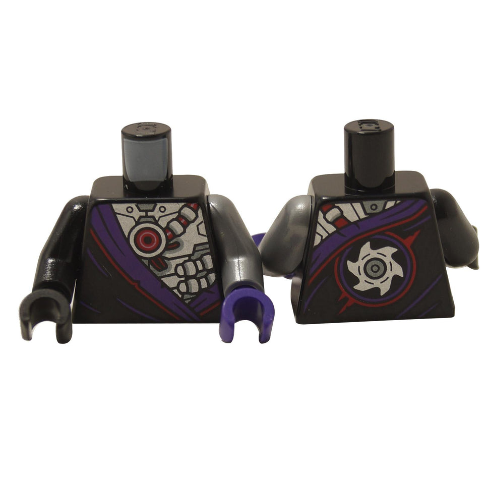 Minifigure torso with robe print, silver armor detail, purple hem, and mismatched arm colors, front and back view
