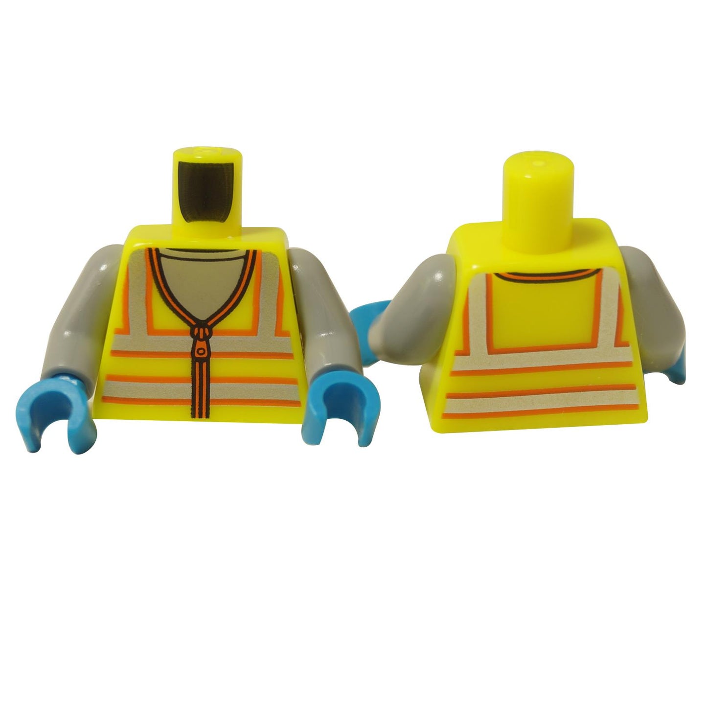  Front and back view of LEGO® Torso 973pb4658c01, a yellow safety vest with silver and orange reflective stripes over a gray shirt, with gray arms and blue hands.