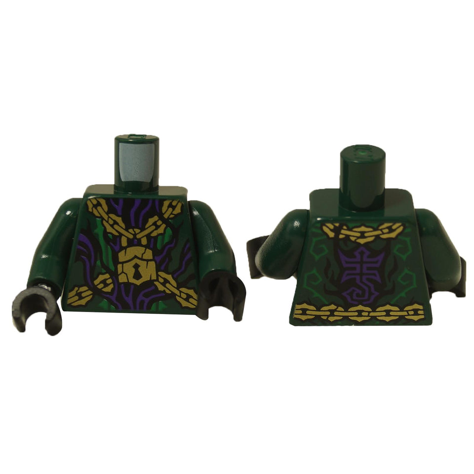 Front and back view of a dark green LEGO® Torso (973pb6061c01) with printed gold chains, a padlock, and purple magical energy patterns.