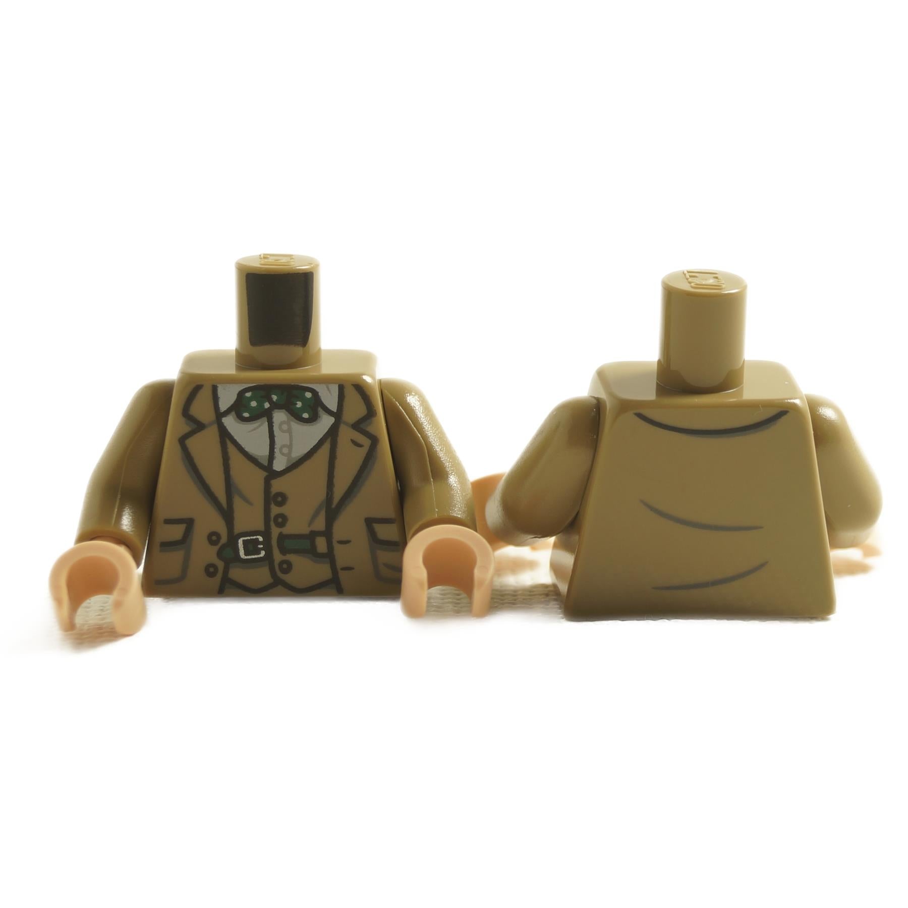 LEGO minifigure torso with a tan suit and green bow tie
