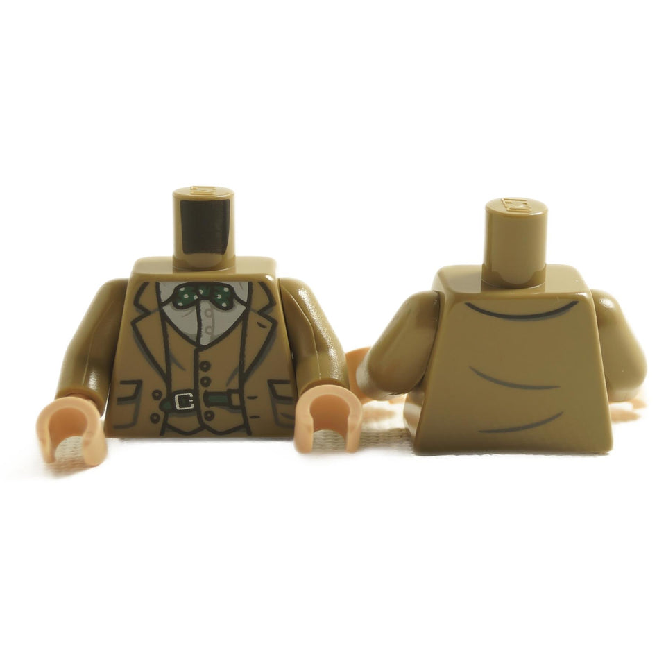 LEGO minifigure torso with a tan suit and green bow tie