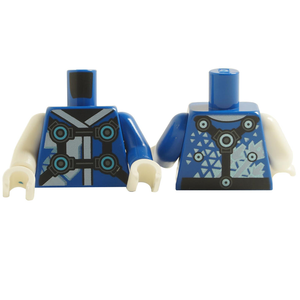 LEGO minifigure torso with blue armor design, silver and black tech-inspired patterns, and white arms and hands.