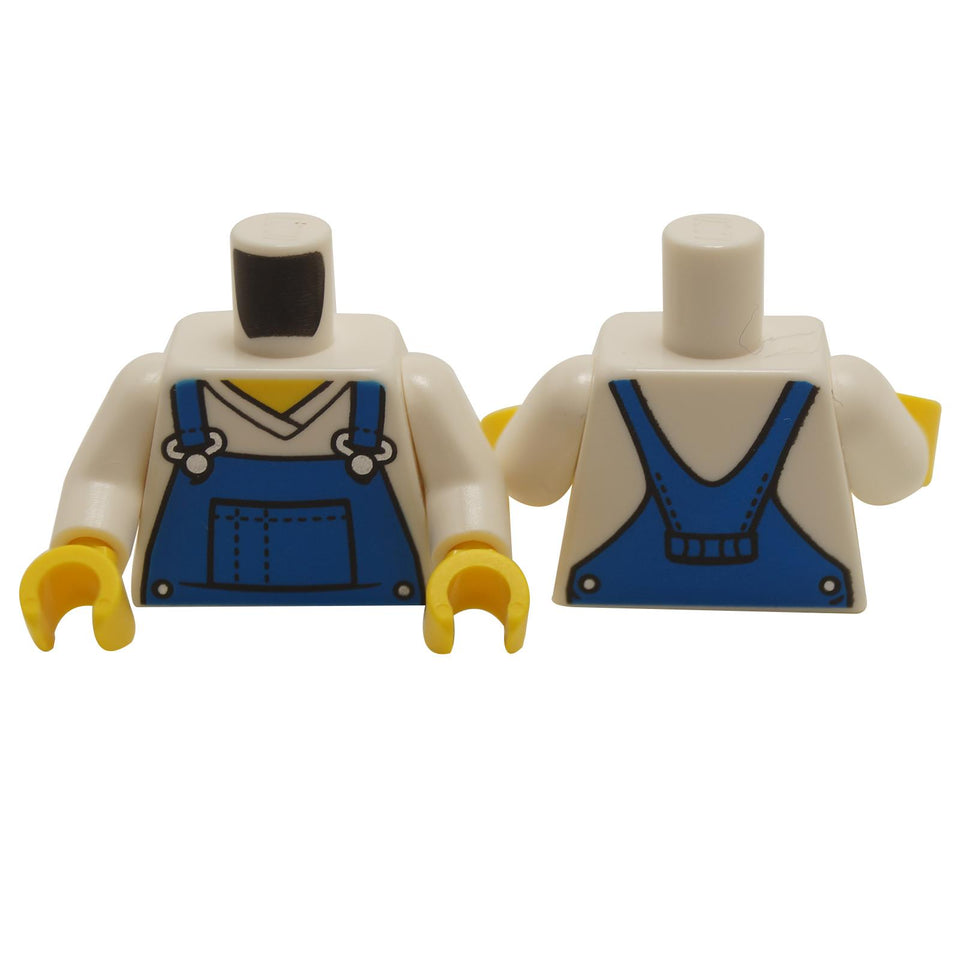 A toy torso with a V-neck shirt and blue overalls with a dotted horizontal line on the front pocket, printed back pattern.