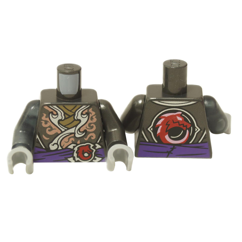 Two LEGO minifigure torsos with pearl dark gray color, one featuring a dark silver and copper tunic with a purple sash and a red wolf emblem, and the other with a different pattern.