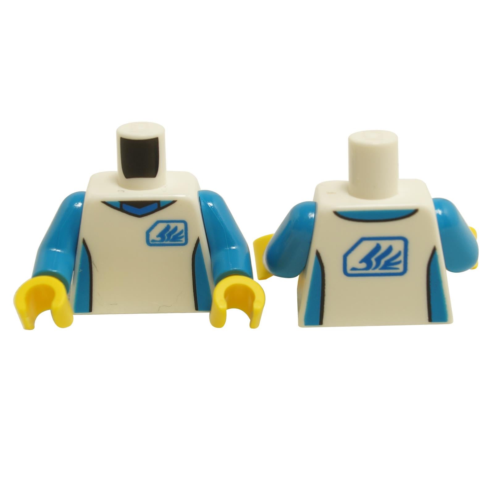 LEGO minifigure torso with a white jersey and blue Quad Wing logo, featuring blue sleeves and yellow hands.