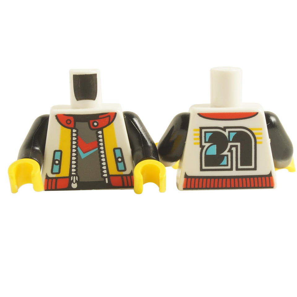 LEGO minifigure torso with a white and yellow racing jacket, featuring a bold front design with zippers, red accents, and the number '27' printed on the back.