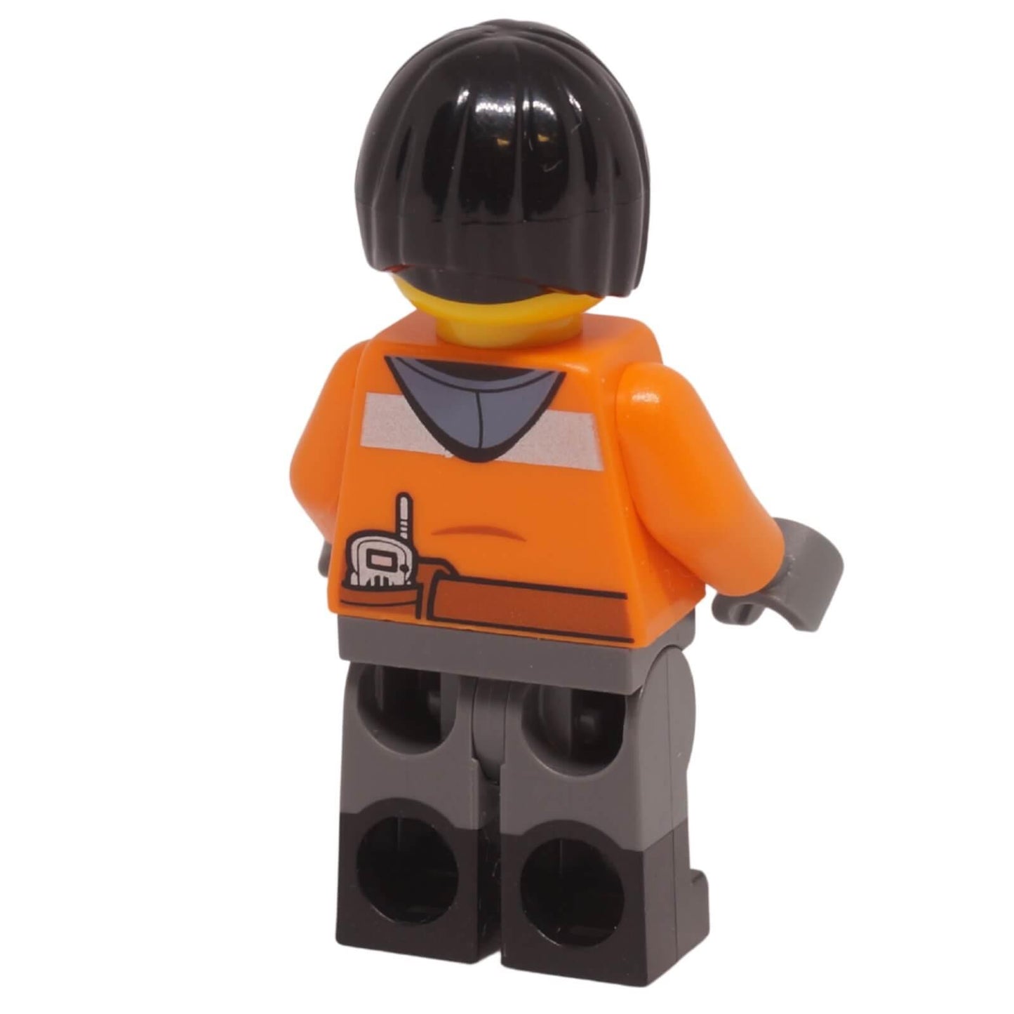 LEGO Train Worker Samantha minifigure with orange work jacket and black bob hair back view