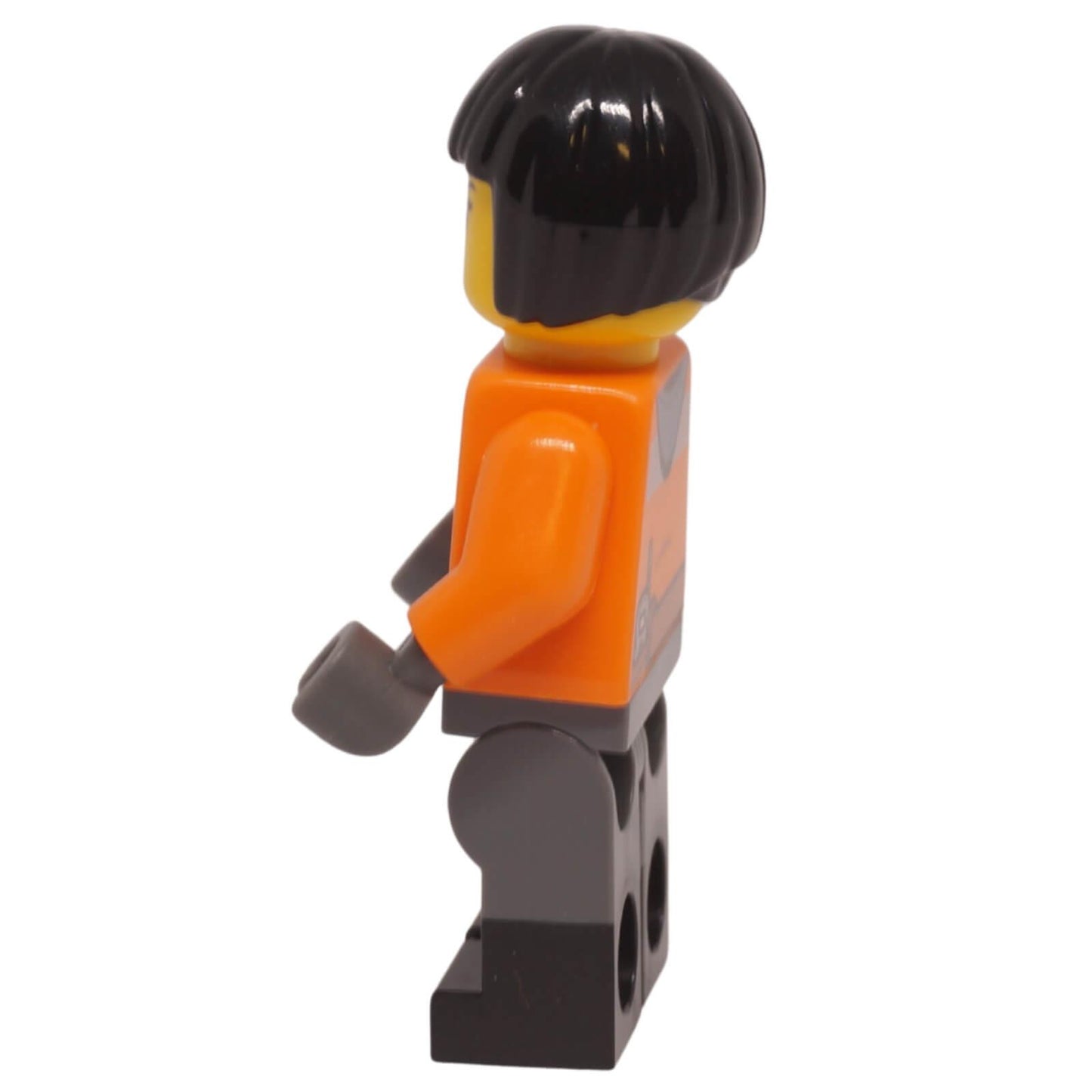 LEGO Train Worker Samantha minifigure with orange work jacket and black bob hair side profile