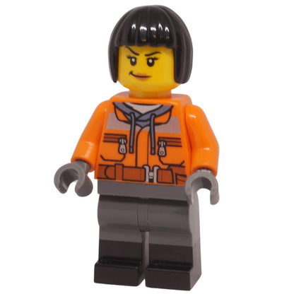 LEGO Train Worker Samantha minifigure with orange work jacket and black bob hair
